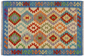 Flat Weave Kilim, Antique, Navaho, Vintage, Handmade, Geometric Kilim Beige Blue Hand-Woven Rectangle 100% Wool Area Rug 3 x 5